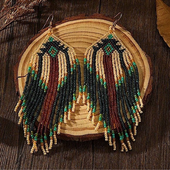 Bohemian Beaded Dangle Tassel Earrings, Tribal Design, Western, Boho, Fringe - Picture 2 of 5